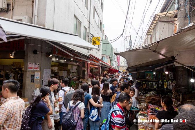 The streets inside Tsukiji are extremely packed with locals and tourists.